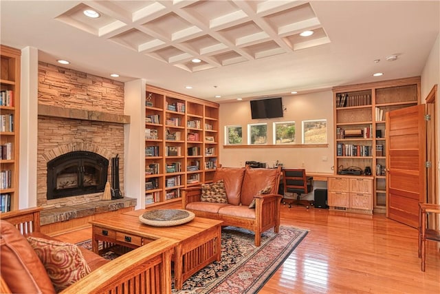 4570 Christine Loomis Dr, Arroyo Grande, CA 93420 - living area featuring recessed lighting, a fireplace, coffered ceiling, light wood finished floors, and beamed ceiling