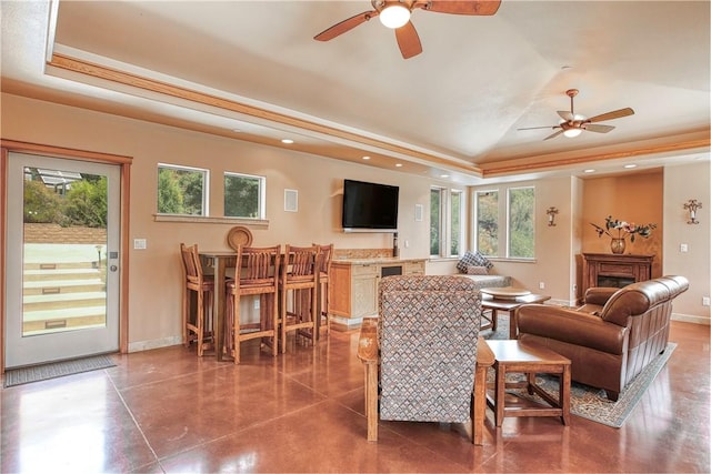 4570 Christine Loomis Dr, Arroyo Grande, CA 93420 - living room with a tray ceiling, ceiling fan, healthy amount of natural light, and recessed lighting