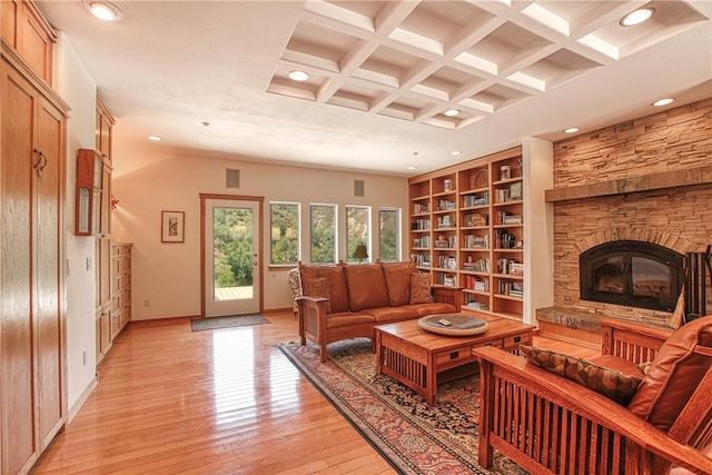 4570 Christine Loomis Dr, Arroyo Grande, CA 93420 - living area with a fireplace, recessed lighting, beam ceiling, light wood-style flooring, and coffered ceiling