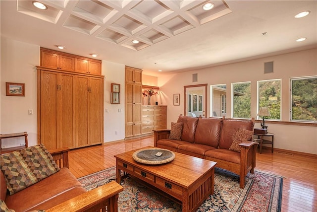 4570 Christine Loomis Dr, Arroyo Grande, CA 93420 - living room featuring light wood-style floors, beamed ceiling, recessed lighting, and coffered ceiling