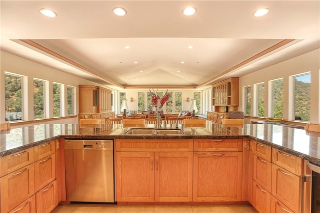 4570 Christine Loomis Dr, Arroyo Grande, CA 93420 - kitchen featuring stainless steel dishwasher, a tray ceiling, recessed lighting, beverage cooler, and dark stone counters