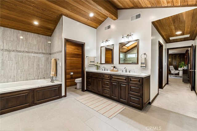 1146 Sandhurst Ln, La Verne, CA 91750 - bathroom with wooden ceiling, double vanity, a tub, and recessed lighting