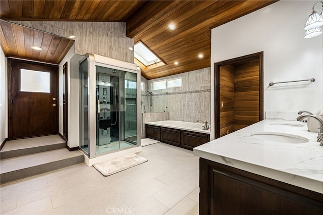 1146 Sandhurst Ln, La Verne, CA 91750 - full bath featuring wooden ceiling, a garden tub, a stall shower, double vanity, and recessed lighting