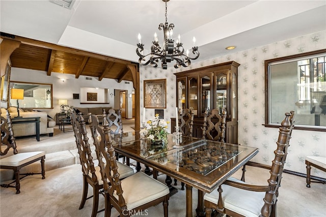 1146 Sandhurst Ln, La Verne, CA 91750 - dining area with wallpapered walls, light carpet, a chandelier, and wooden ceiling