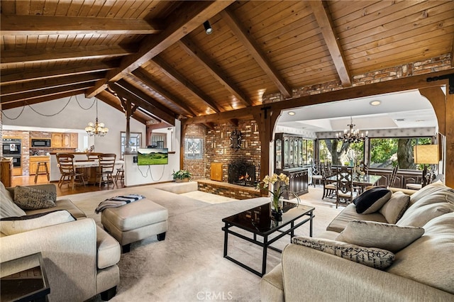 1146 Sandhurst Ln, La Verne, CA 91750 - living area with a chandelier, wooden ceiling, and a fireplace