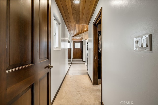 1146 Sandhurst Ln, La Verne, CA 91750 - hallway with light carpet, wooden ceiling, and recessed lighting
