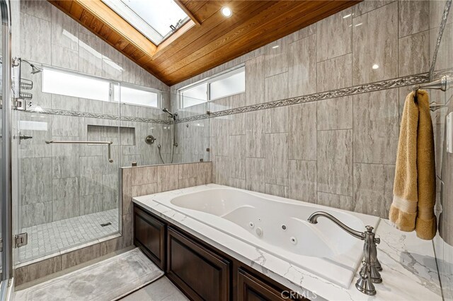 1146 Sandhurst Ln, La Verne, CA 91750 - bathroom with a jetted tub, a stall shower, a skylight, vaulted ceiling, and wooden ceiling