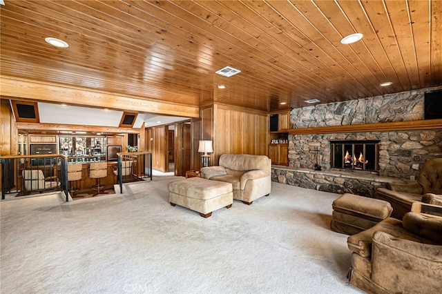 1146 Sandhurst Ln, La Verne, CA 91750 - carpeted living room featuring bar, wood ceiling, a fireplace, recessed lighting, and wooden walls