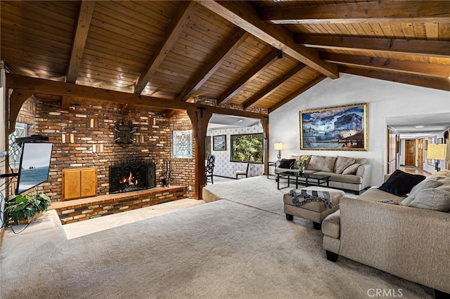 1146 Sandhurst Ln, La Verne, CA 91750 - living room featuring wood ceiling, carpet floors, and a fireplace