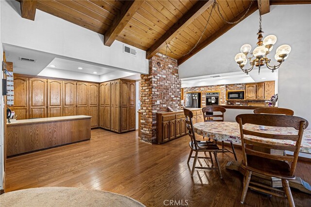1146 Sandhurst Ln, La Verne, CA 91750 - dining room featuring hardwood / wood-style floors, a chandelier, high vaulted ceiling, and a wooden ceiling with exposed beams