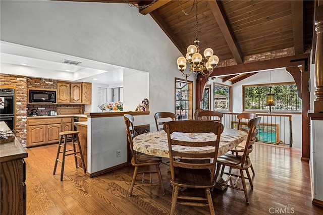 1146 Sandhurst Ln, La Verne, CA 91750 - dining room with a chandelier, light wood-style flooring, high vaulted ceiling, and a wood ceiling with exposed beams