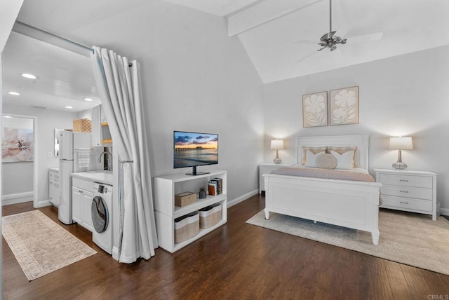 1247 La Casa Dr, San Marcos, CA 92078 - bedroom with washer / clothes dryer, dark wood-style flooring, freestanding refrigerator, recessed lighting, and a ceiling fan