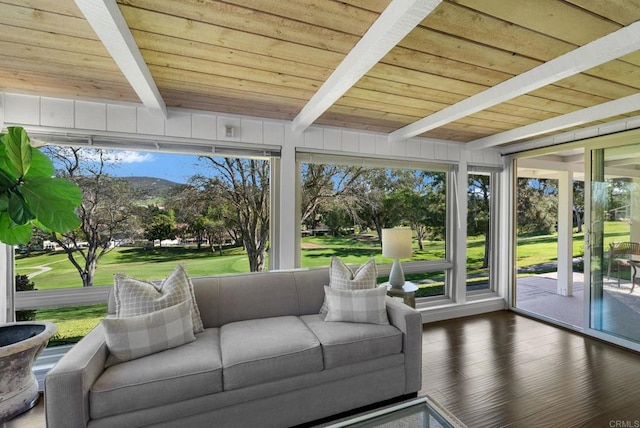 1247 La Casa Dr, San Marcos, CA 92078 - sunroom with an outdoor hangout area, a wood ceiling with exposed beams, wood finished floors, and healthy amount of natural light