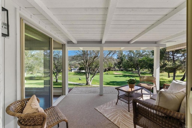 1247 La Casa Dr, San Marcos, CA 92078 - sunroom featuring beamed ceiling, view of golf course, and an outdoor hangout area