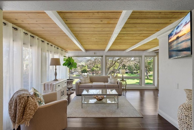 1247 La Casa Dr, San Marcos, CA 92078 - sunroom featuring healthy amount of natural light, a wood ceiling with exposed beams, and wood finished floors