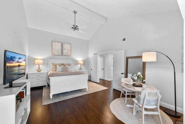 1247 La Casa Dr, San Marcos, CA 92078 - bedroom with beam ceiling, high vaulted ceiling, and dark wood-style flooring