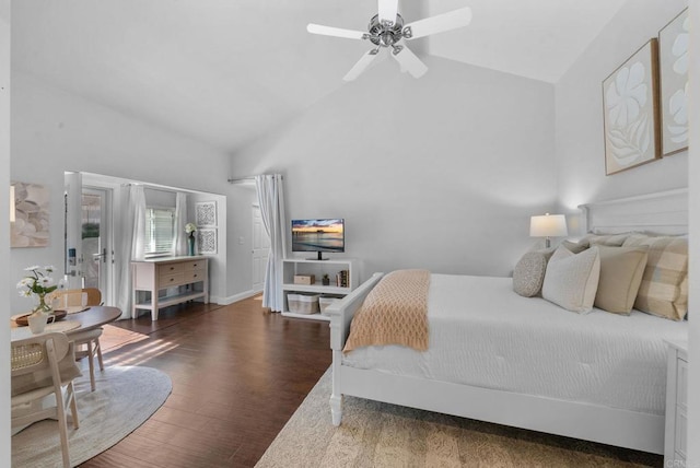 1247 La Casa Dr, San Marcos, CA 92078 - bedroom with wood finished floors, high vaulted ceiling, and ceiling fan