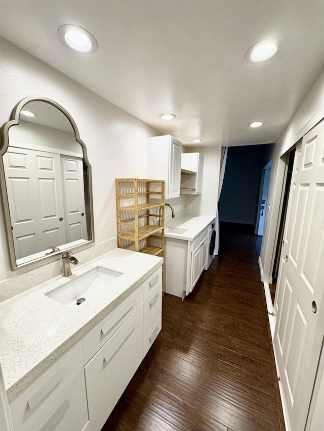 1247 La Casa Dr, San Marcos, CA 92078 - bathroom with vanity, hardwood / wood-style floors, and recessed lighting
