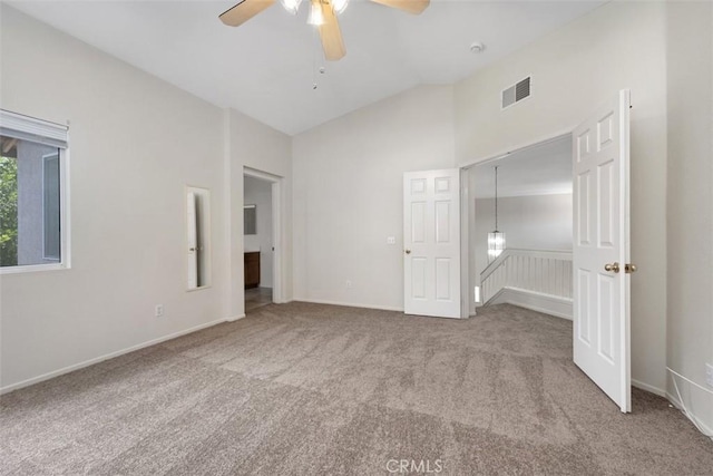 25134 Calle Viejo, Murrieta, CA 92563 - unfurnished bedroom with carpet floors, high vaulted ceiling, and ceiling fan
