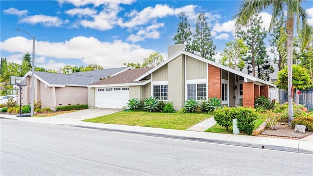 937 Dahlia Ave, Costa Mesa, CA 92626 - mid-century home with a garage, concrete driveway, brick siding, and a chimney
