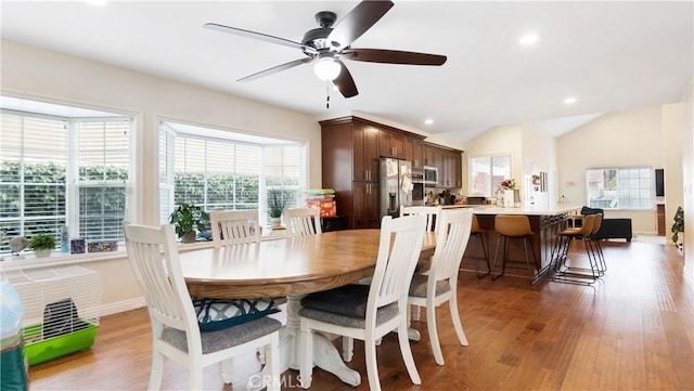 937 Dahlia Ave, Costa Mesa, CA 92626 - dining area with wood finished floors, a ceiling fan, recessed lighting, and vaulted ceiling