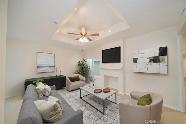 2648 Condor Cir, Corona, CA 92882 - living area with a raised ceiling, ceiling fan, and recessed lighting