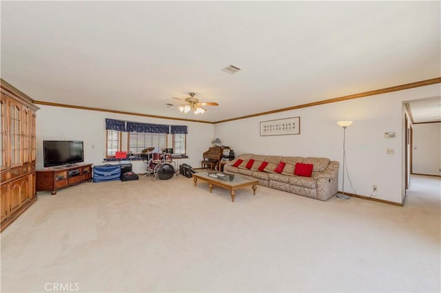 2837 E Mesa Dr, West Covina, CA 91791 - living room with crown molding, light colored carpet, and a ceiling fan