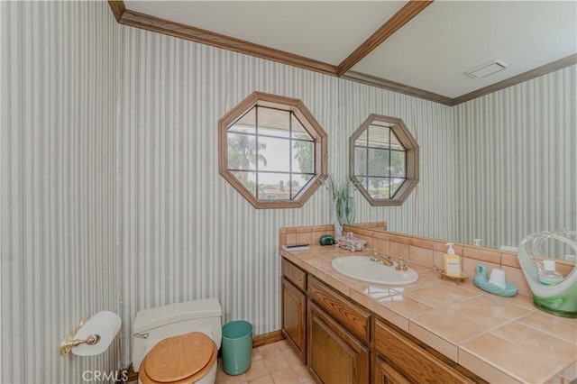 2837 E Mesa Dr, West Covina, CA 91791 - bathroom featuring wallpapered walls, crown molding, vanity, and tile patterned floors