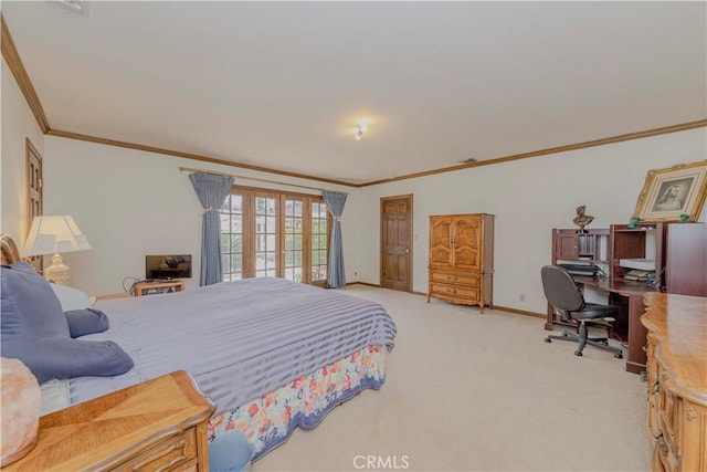 2837 E Mesa Dr, West Covina, CA 91791 - bedroom with ornamental molding, light colored carpet, a desk, and french doors
