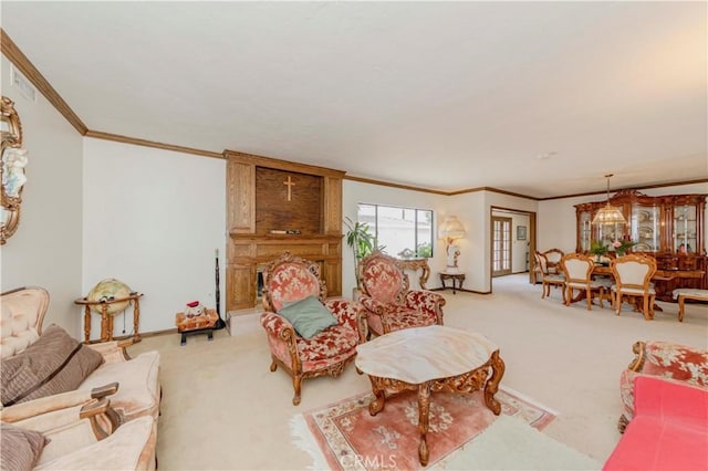 2837 E Mesa Dr, West Covina, CA 91791 - living room featuring carpet flooring, crown molding, and a fireplace
