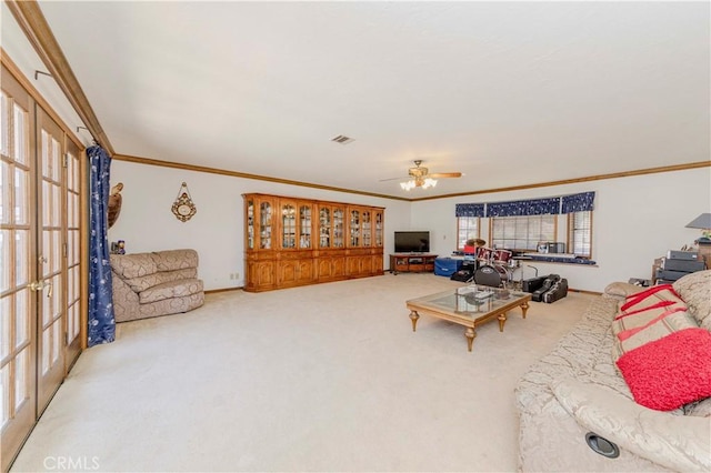 2837 E Mesa Dr, West Covina, CA 91791 - living area featuring crown molding, carpet, a ceiling fan, and french doors