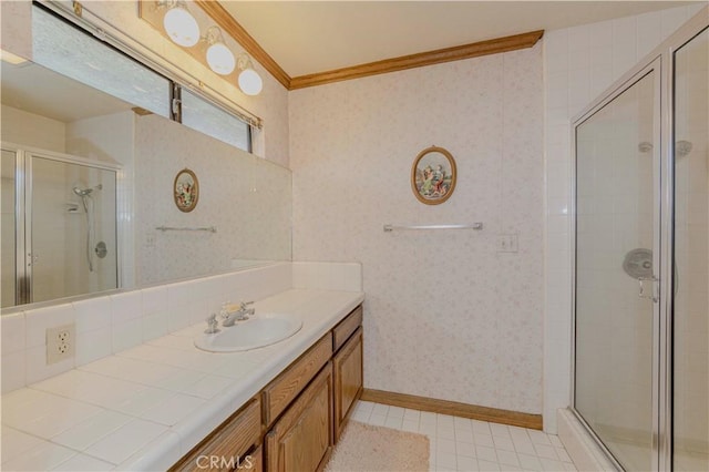 2837 E Mesa Dr, West Covina, CA 91791 - bathroom with crown molding, a stall shower, vanity, wallpapered walls, and tile patterned floors