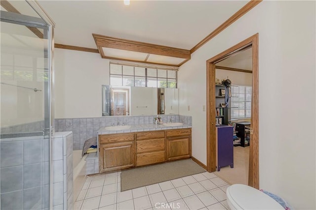 2837 E Mesa Dr, West Covina, CA 91791 - bathroom with double vanity, tile patterned floors, a shower stall, crown molding, and a bath