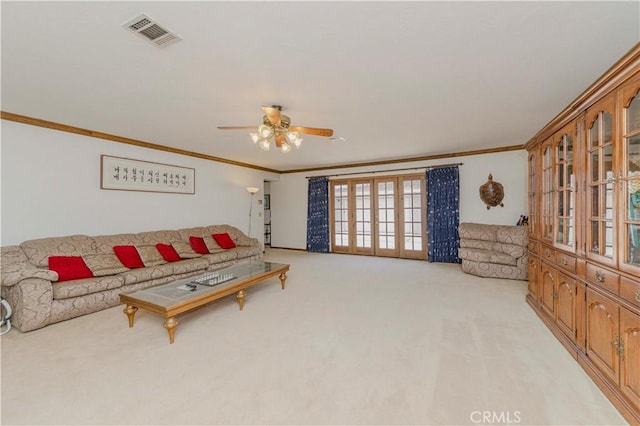2837 E Mesa Dr, West Covina, CA 91791 - living room with ornamental molding, light colored carpet, and ceiling fan