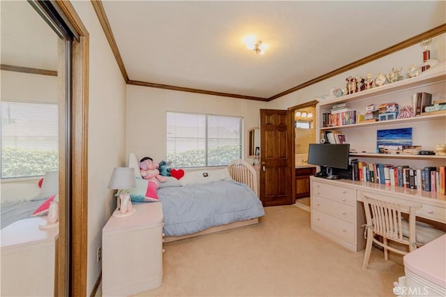2837 E Mesa Dr, West Covina, CA 91791 - bedroom featuring crown molding, an office area, and light colored carpet
