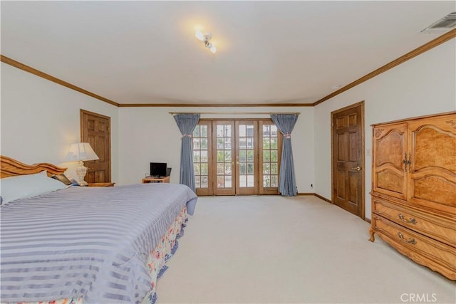 2837 E Mesa Dr, West Covina, CA 91791 - bedroom featuring french doors, light colored carpet, access to outside, and ornamental molding