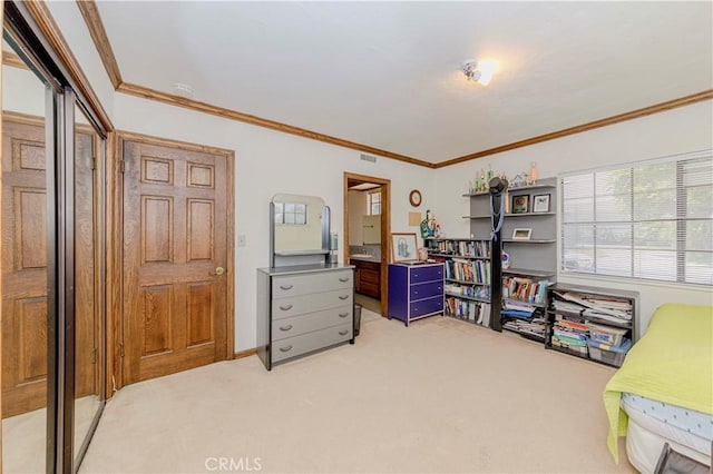 2837 E Mesa Dr, West Covina, CA 91791 - bedroom featuring light colored carpet and ornamental molding