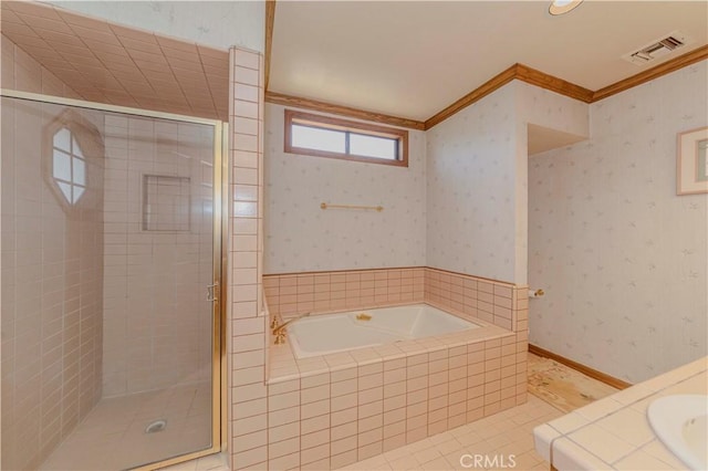 2837 E Mesa Dr, West Covina, CA 91791 - bathroom featuring a shower stall, a bath, ornamental molding, tile patterned flooring, and vanity