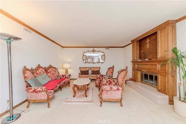 2837 E Mesa Dr, West Covina, CA 91791 - living room with light colored carpet, ornamental molding, and a large fireplace