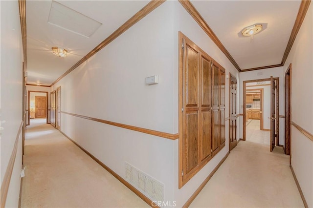 2837 E Mesa Dr, West Covina, CA 91791 - hall with light carpet, crown molding, and attic access