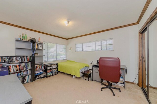 2837 E Mesa Dr, West Covina, CA 91791 - bedroom with crown molding, carpet, a desk, and a closet