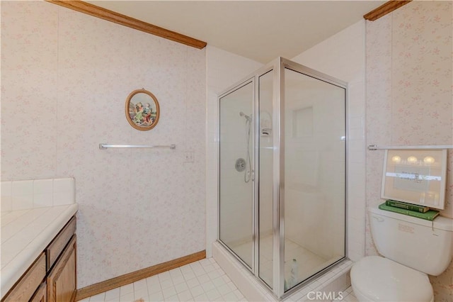 2837 E Mesa Dr, West Covina, CA 91791 - full bath featuring wallpapered walls, a stall shower, vanity, and tile patterned floors