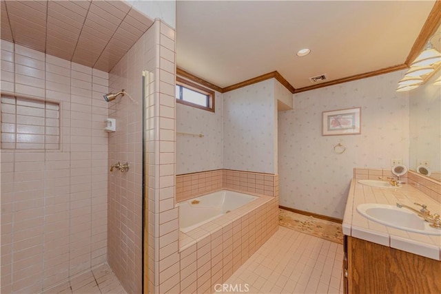 2837 E Mesa Dr, West Covina, CA 91791 - full bath with a bath, tile patterned floors, a stall shower, double vanity, and ornamental molding