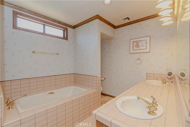 2837 E Mesa Dr, West Covina, CA 91791 - full bath featuring double vanity, a bath, and crown molding