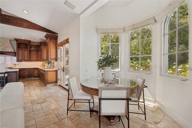 6337 Via Colinita, Rancho Palos Verdes, CA 90275 - dining space with stone tile flooring, recessed lighting, and lofted ceiling