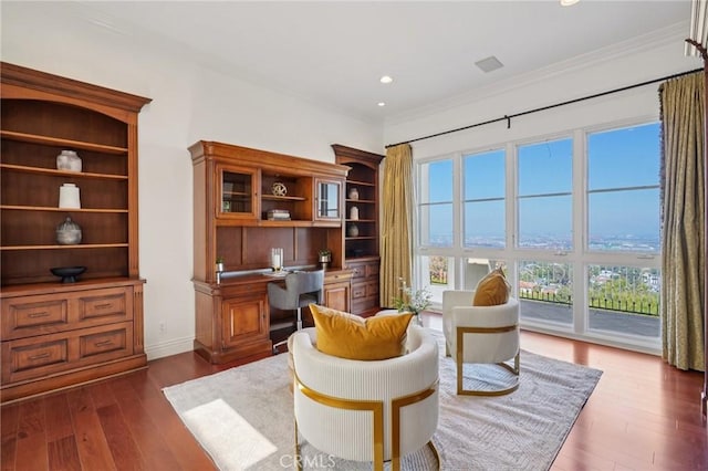 6337 Via Colinita, Rancho Palos Verdes, CA 90275 - office with built in study area, ornamental molding, dark wood finished floors, and recessed lighting