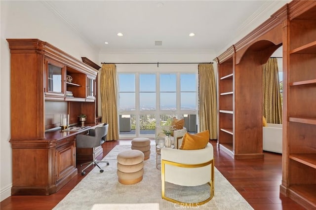 6337 Via Colinita, Rancho Palos Verdes, CA 90275 - sitting room with built in desk, dark wood-style flooring, crown molding, and recessed lighting