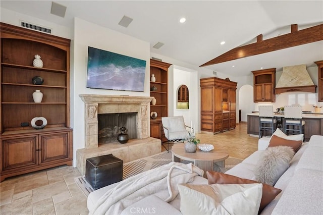 6337 Via Colinita, Rancho Palos Verdes, CA 90275 - living room with recessed lighting, vaulted ceiling, a premium fireplace, and built in shelves