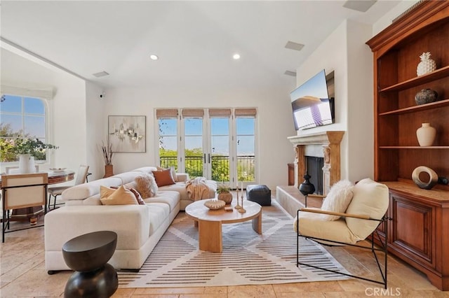 6337 Via Colinita, Rancho Palos Verdes, CA 90275 - living room with a premium fireplace, recessed lighting, and lofted ceiling