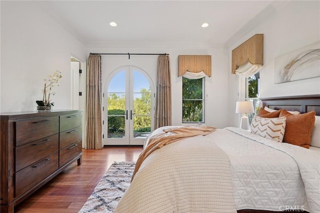 6337 Via Colinita, Rancho Palos Verdes, CA 90275 - bedroom with french doors, ornamental molding, access to exterior, dark wood-style flooring, and recessed lighting